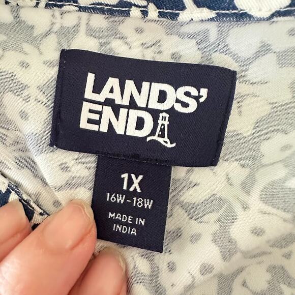 Lands End Dress 1X Blue White Floral Tie Cinched Waist Coastal Preppy Button - Picture 7 of 10